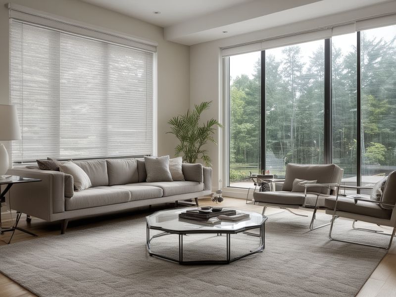 Sleek modern living room with automated blinds creating perfect ambiance