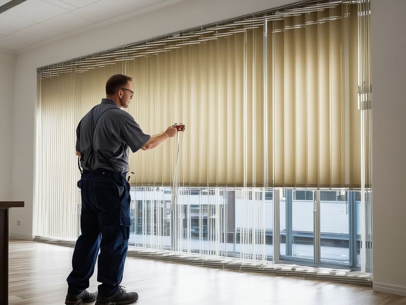 Professional maintenance team servicing commercial blinds in modern office