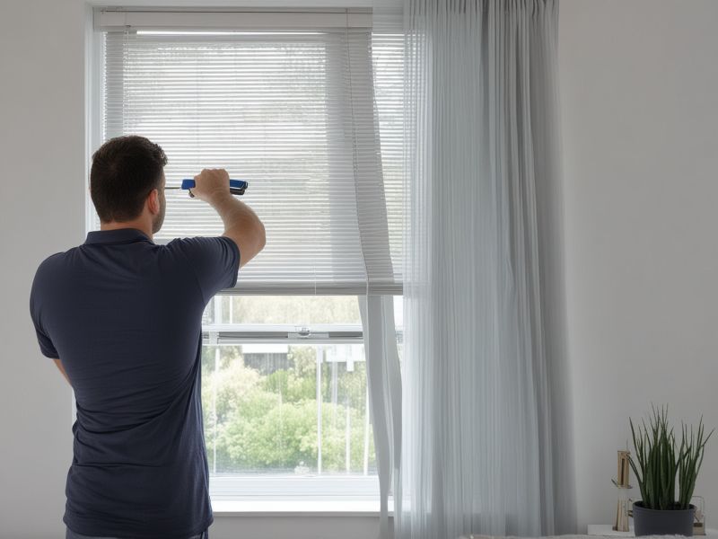 Professional blinds installer working in a modern home interior