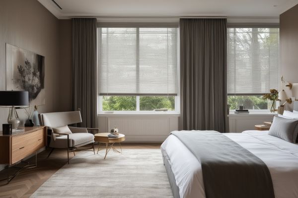 Elegant bedroom with automated smart blinds