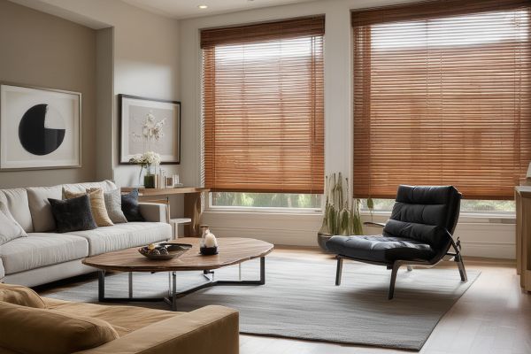 Modern living room with custom wooden blinds